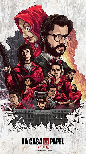 Money Heist La Casa de Papel Netflix Series Poster with Red Hooded Characters and Guns HD phone wallpaper