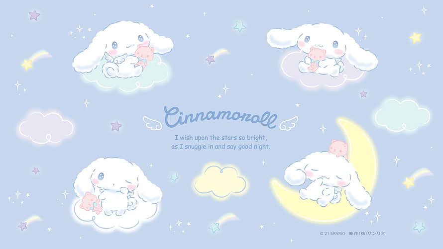Cute Cinnamoroll Sleeping on Clouds and Moon with Stars HD wallpaper