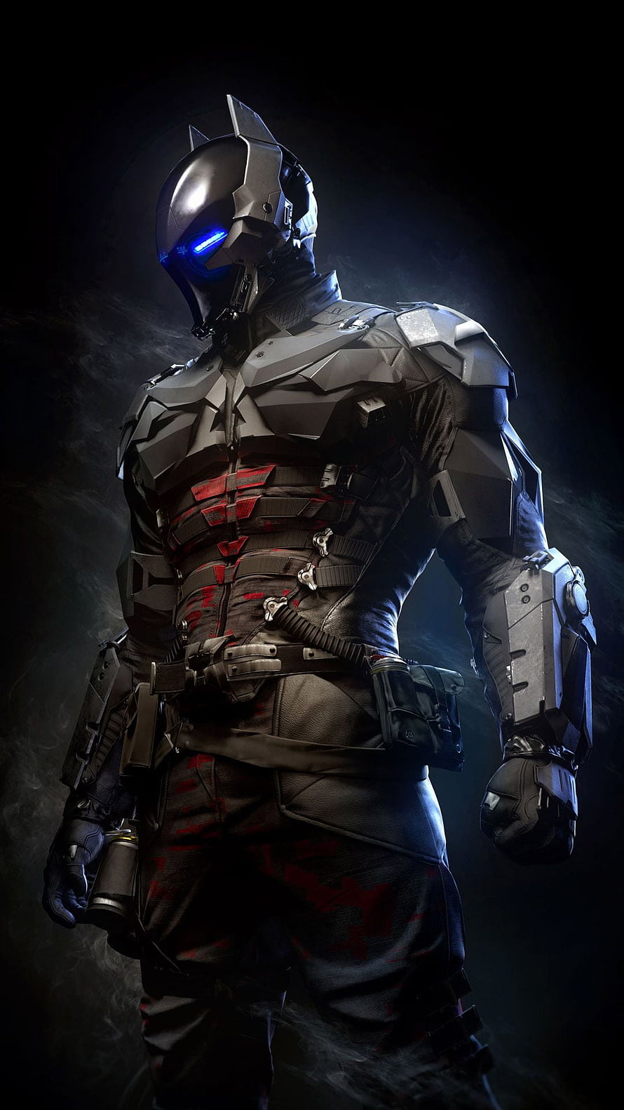 Batman Arkham Knight Tactical Armor Concept Art with Glowing Blue Visor and Dark Atmosphere, Batman Arkham Knight HD phone wallpaper