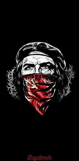 Che Guevara Portrait with Red Bandana and Hammer Sickle Emblem on Black Background HD phone wallpaper