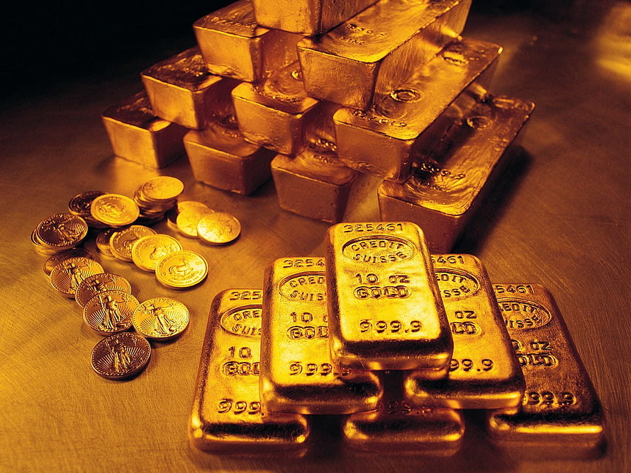 Stacked Gold Bars and Scattered Coins on a Reflective Surface HD wallpaper