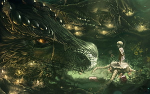 Giant Dragon and Small Girl in a Luminous Fantasy Forest HD wallpaper