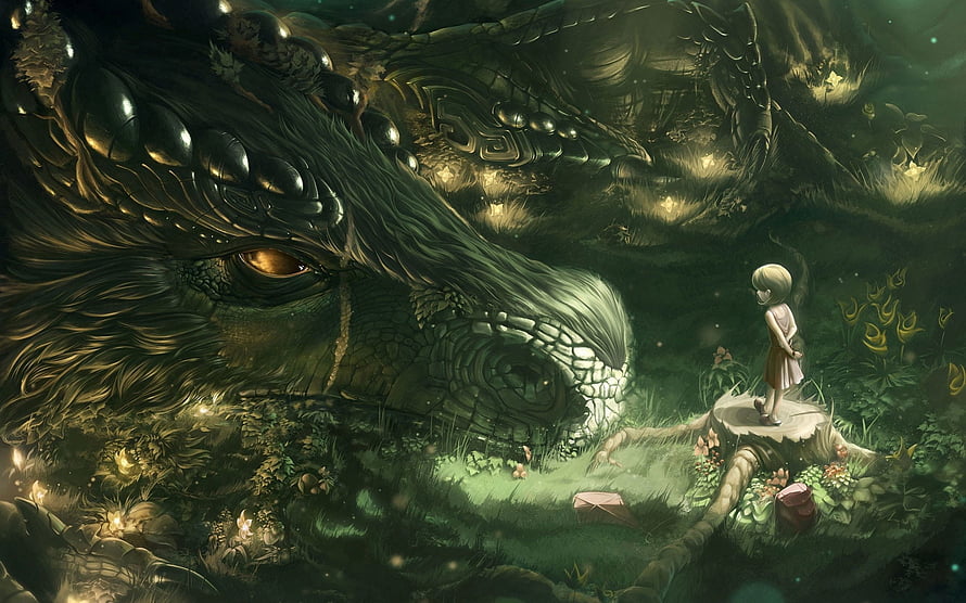 Giant Dragon and Small Girl in a Luminous Fantasy Forest HD wallpaper