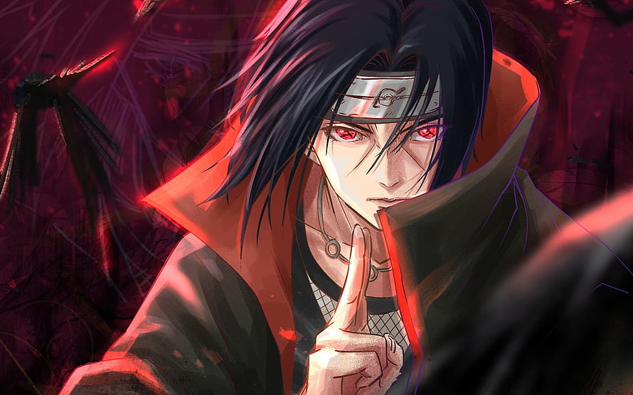 Itachi Uchiha from Naruto Shippuden with Sharingan Eyes and Akatsuki Cloak HD wallpaper