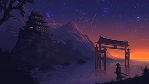 Mystical Asian Temple and Torii Gate Under a Starry Night Sky HD wallpaper
