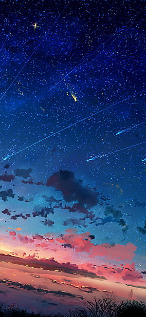 Starry Night Sky With Shooting Stars And Colorful Sunset Clouds Anime Style Wallpaper HD phone wallpaper