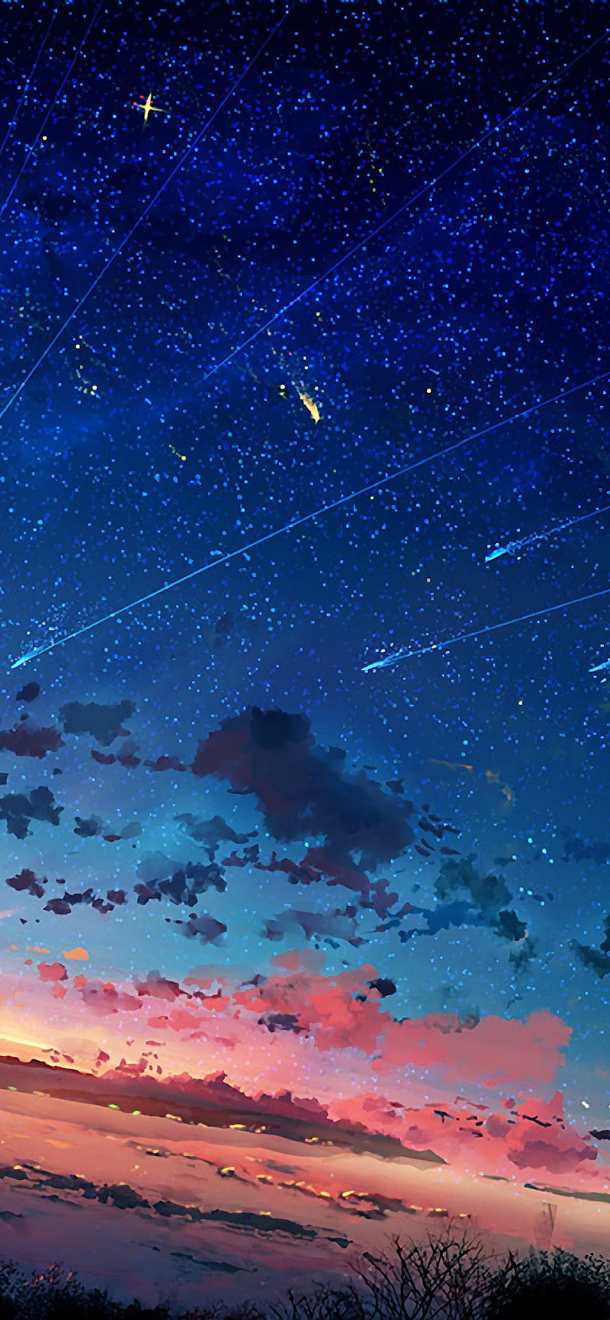 Starry Night Sky With Shooting Stars And Colorful Sunset Clouds Anime Style Wallpaper HD phone wallpaper
