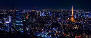 Tokyo Tower Night Skyline Panorama with Moon and City Lights HD wallpaper