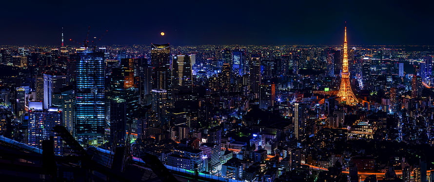 Tokyo Tower Night Skyline Panorama with Moon and City Lights HD wallpaper