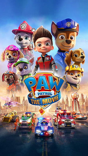 Paw Patrol The Movie Poster Featuring Ryder and the Rescue Pups with Vehicles in a City HD phone wallpaper