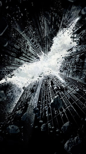 Dramatic Black and White Cityscape with Shattered Sky and Falling Debris HD phone wallpaper