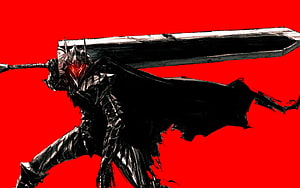 Guts wielding the Dragon Slayer sword in dark armor against a vivid red background HD wallpaper