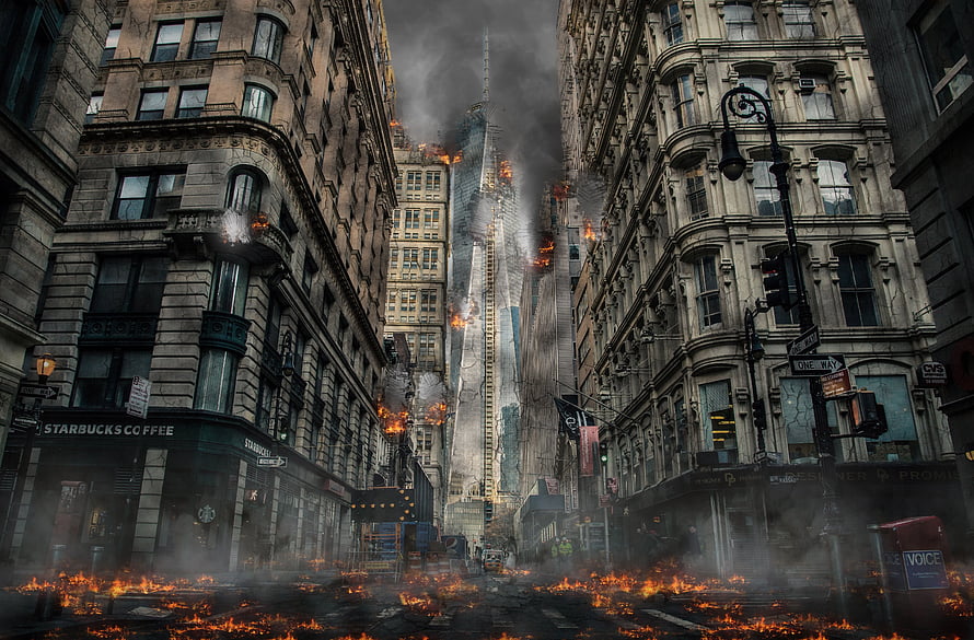 Apocalyptic City Street with Burning Skyscraper and Rising Smoke HD wallpaper