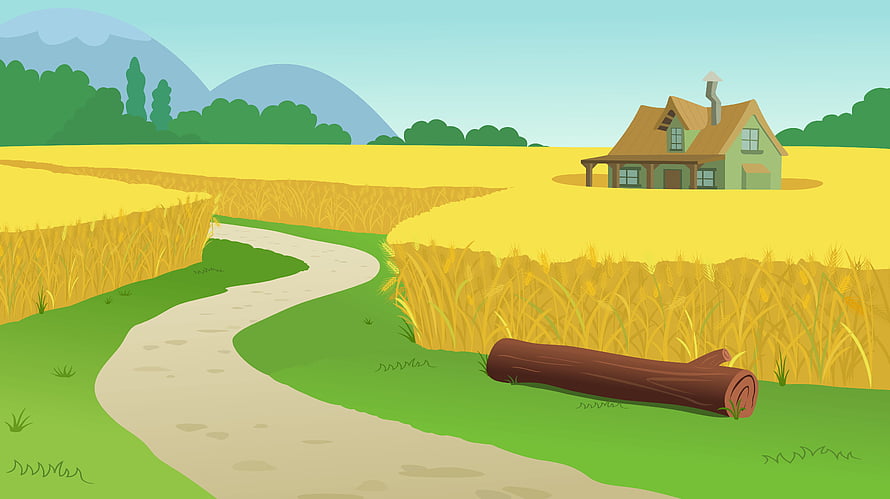 Cartoon Farmhouse in Golden Wheat Field with Winding Country Path HD wallpaper
