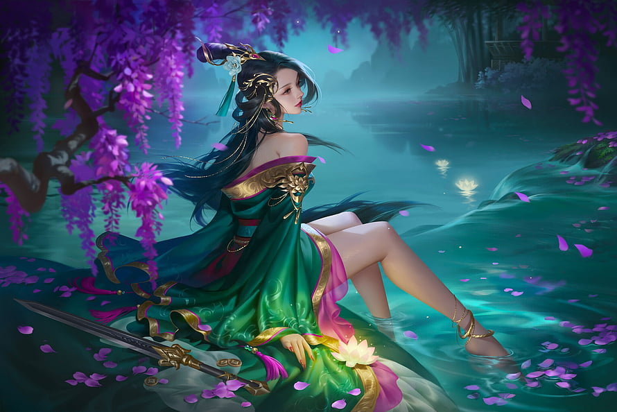 Elegant Fantasy Warrior Woman in Green Dress Sitting by Misty Lake with Sword, Beautiful Evening, art, , beautiful, girl, woman, digital, fantasy, flowers, water HD wallpaper
