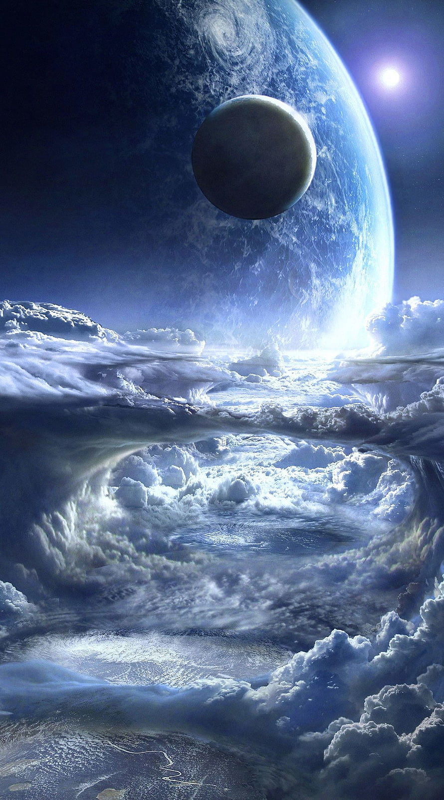 Majestic Blue Planet and Moon Rising Above Swirling Clouds in Deep Space HD phone wallpaper