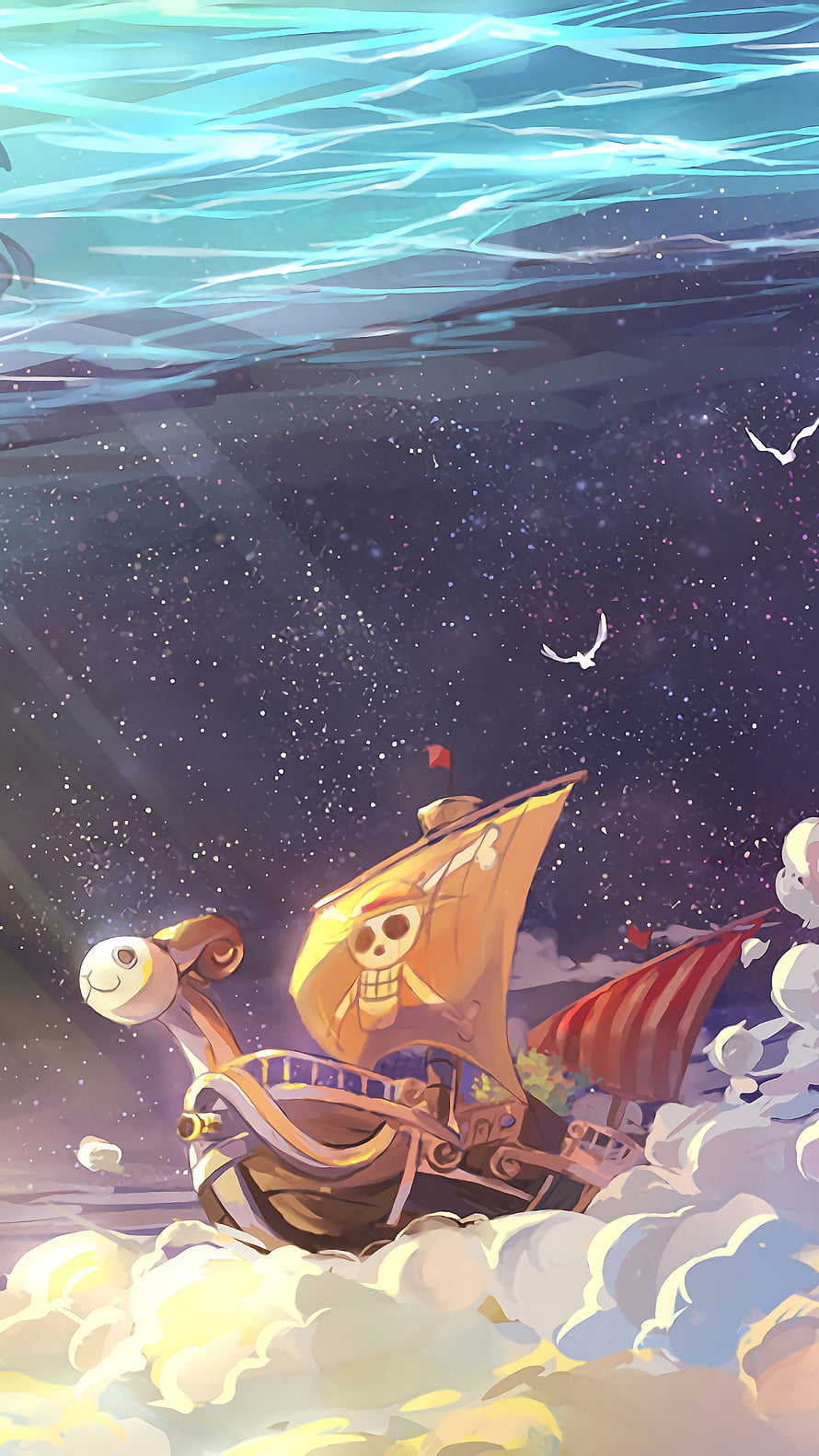 Going Merry pirate ship sailing through clouds under a starry night sky in One Piece HD phone wallpaper