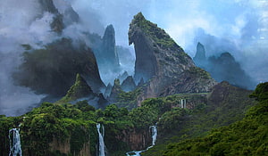 Mystical Fantasy Landscape With Towering Misty Mountains And Cascading Waterfalls HD wallpaper