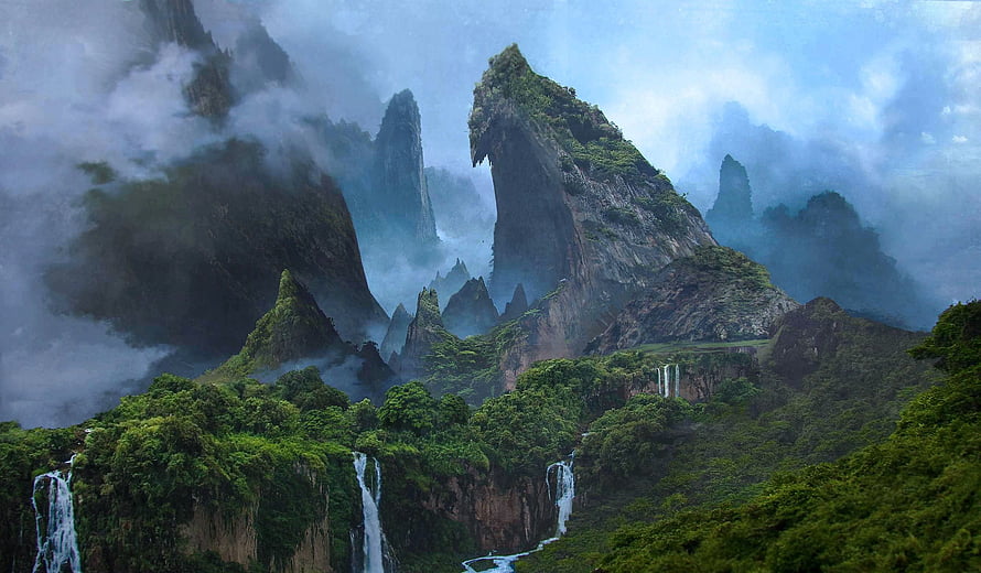 Mystical Fantasy Landscape With Towering Misty Mountains And Cascading Waterfalls HD wallpaper