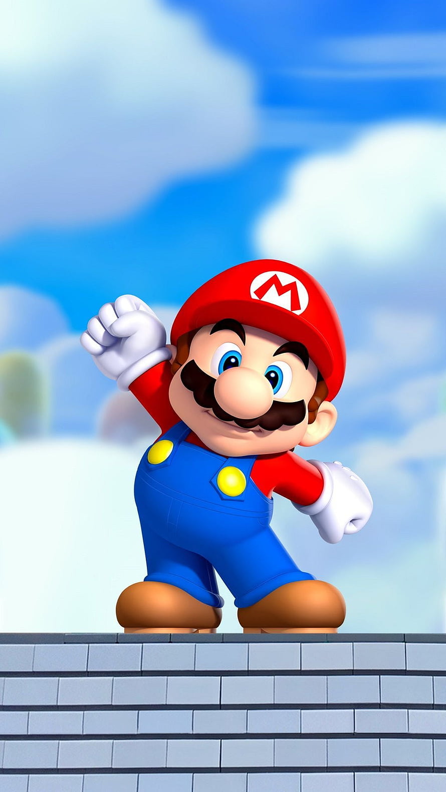 Super Mario 3D Character Standing on Brick Platform with Blue Sky Background HD phone wallpaper