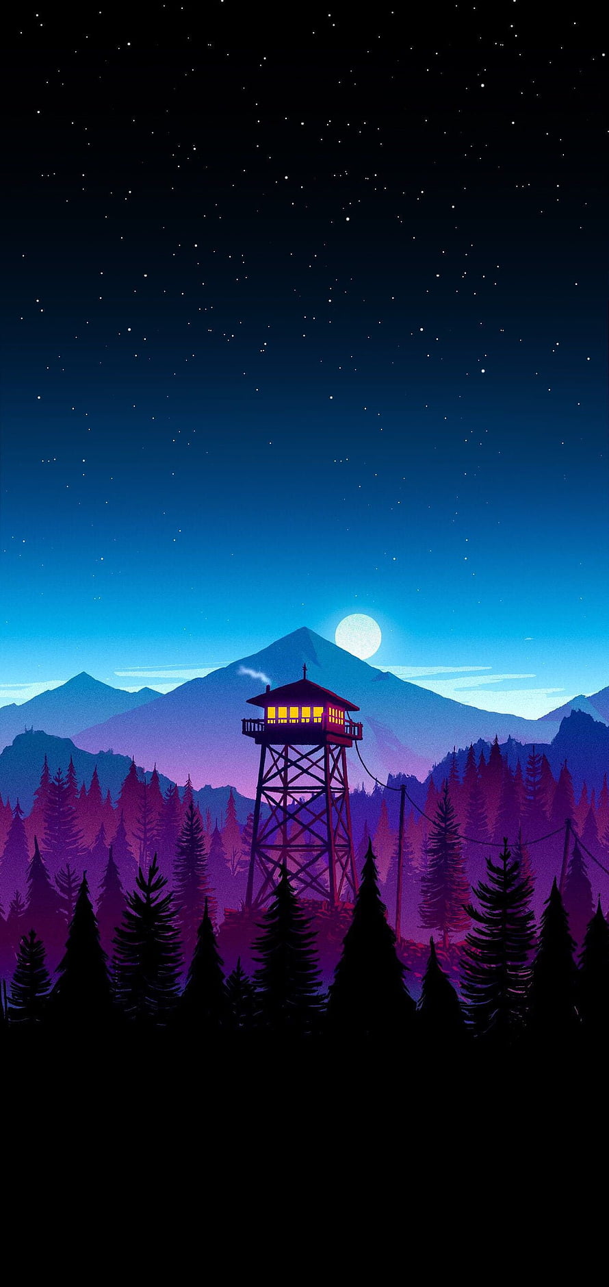 Luminous Fire Watchtower in Pine Forest Under Starry Night Sky HD phone wallpaper