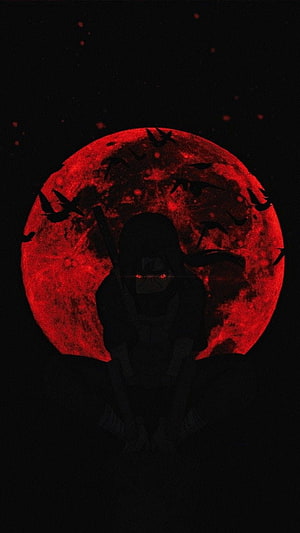 Silhouette of a ninja character with glowing red eyes standing before a massive blood moon with flying crows HD phone wallpaper