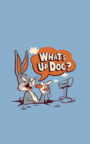 Bugs Bunny Cartoon Character Eating Carrot with Speech Bubble on Blue Background HD phone wallpaper