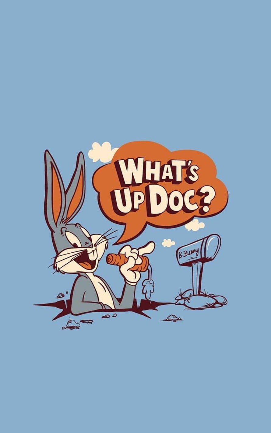 Bugs Bunny Cartoon Character Eating Carrot with Speech Bubble on Blue Background HD phone wallpaper