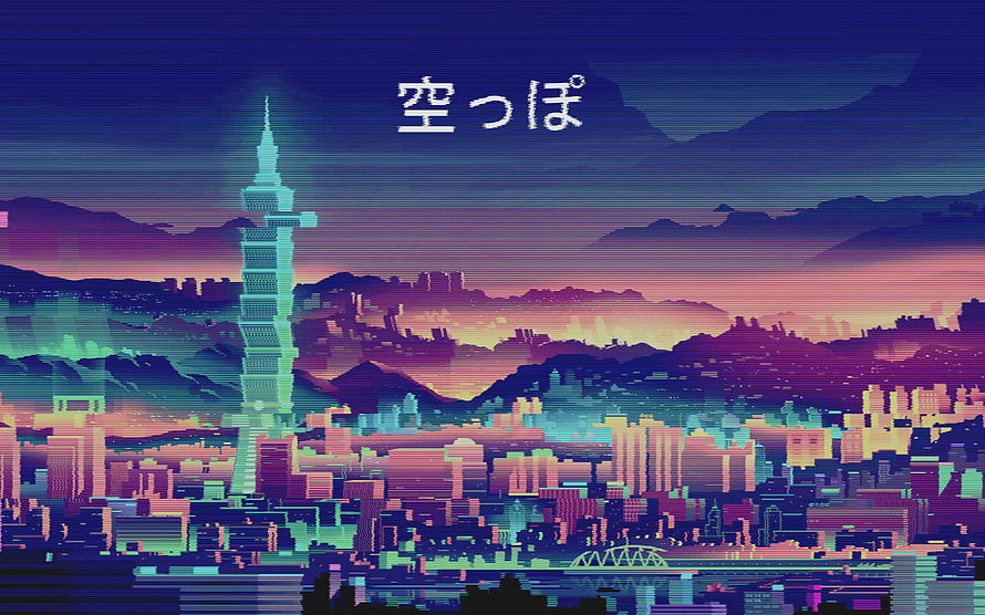 Taipei 101 Pixel Art Cityscape with Japanese Text and Retro Glitch Aesthetic HD wallpaper