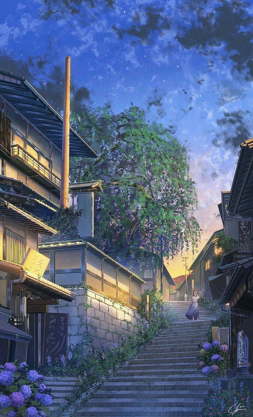 Anime Girl Walking Up Stone Steps in Traditional Japanese Town at Twilight HD phone wallpaper