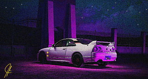 White Nissan Skyline GT-R R34 Night Scene With Purple Underglow HD wallpaper