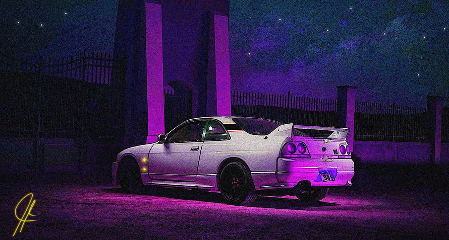 White Nissan Skyline GT-R R34 Night Scene With Purple Underglow HD wallpaper