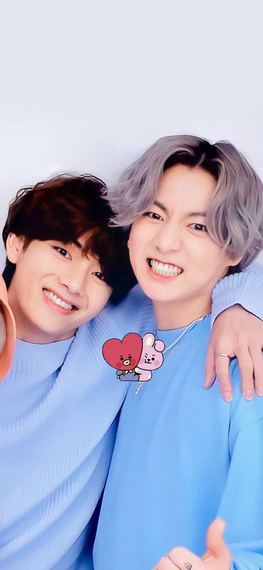 BTS V and Jimin smiling selfie in matching blue sweaters with BT21 characters HD phone wallpaper