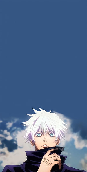 Gojo Satoru from Jujutsu Kaisen anime character portrait with white hair and blue eyes against a cloudy sky background HD phone wallpaper