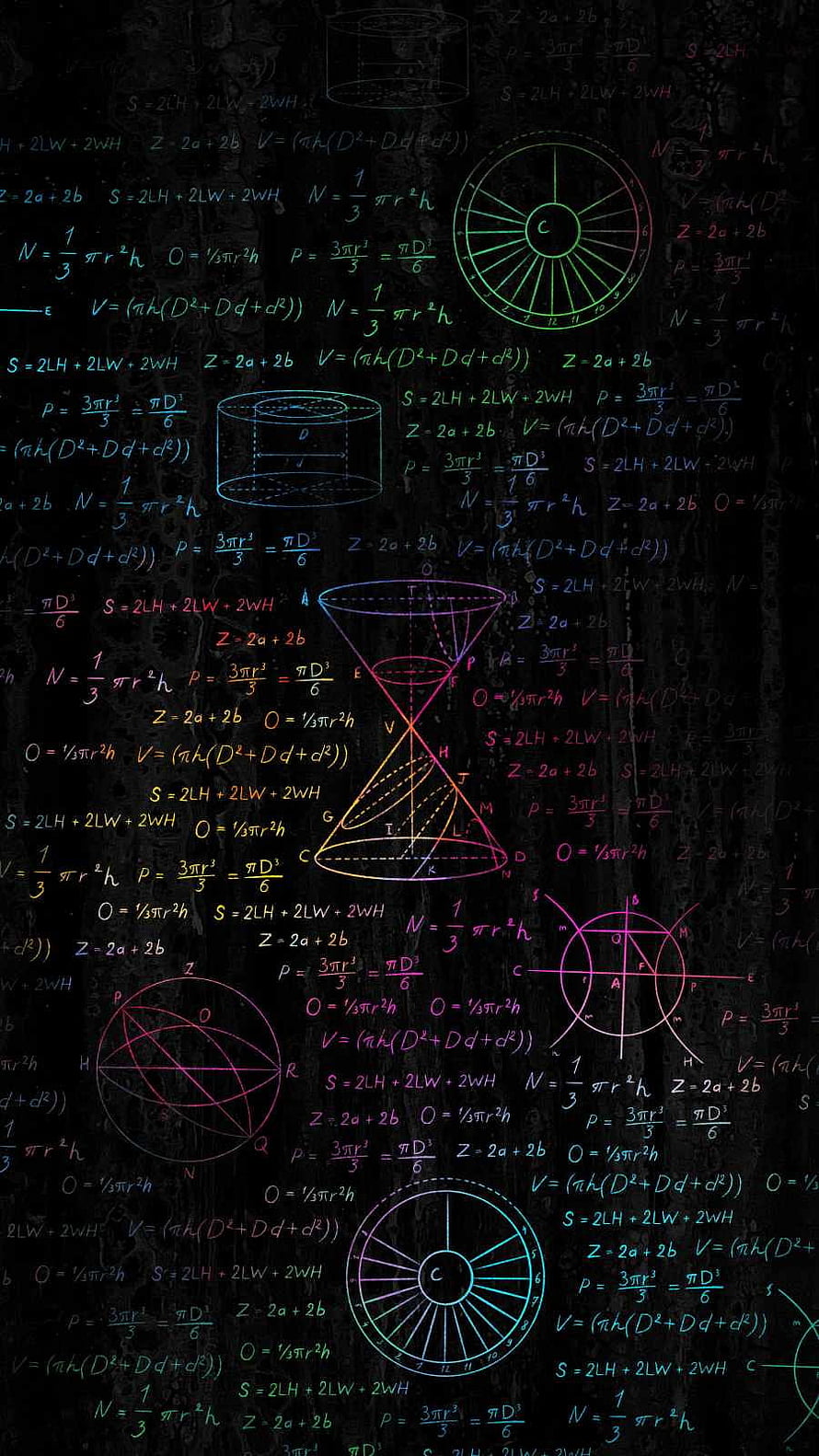 Colorful geometric shapes and mathematical formulas on a blackboard background HD phone wallpaper