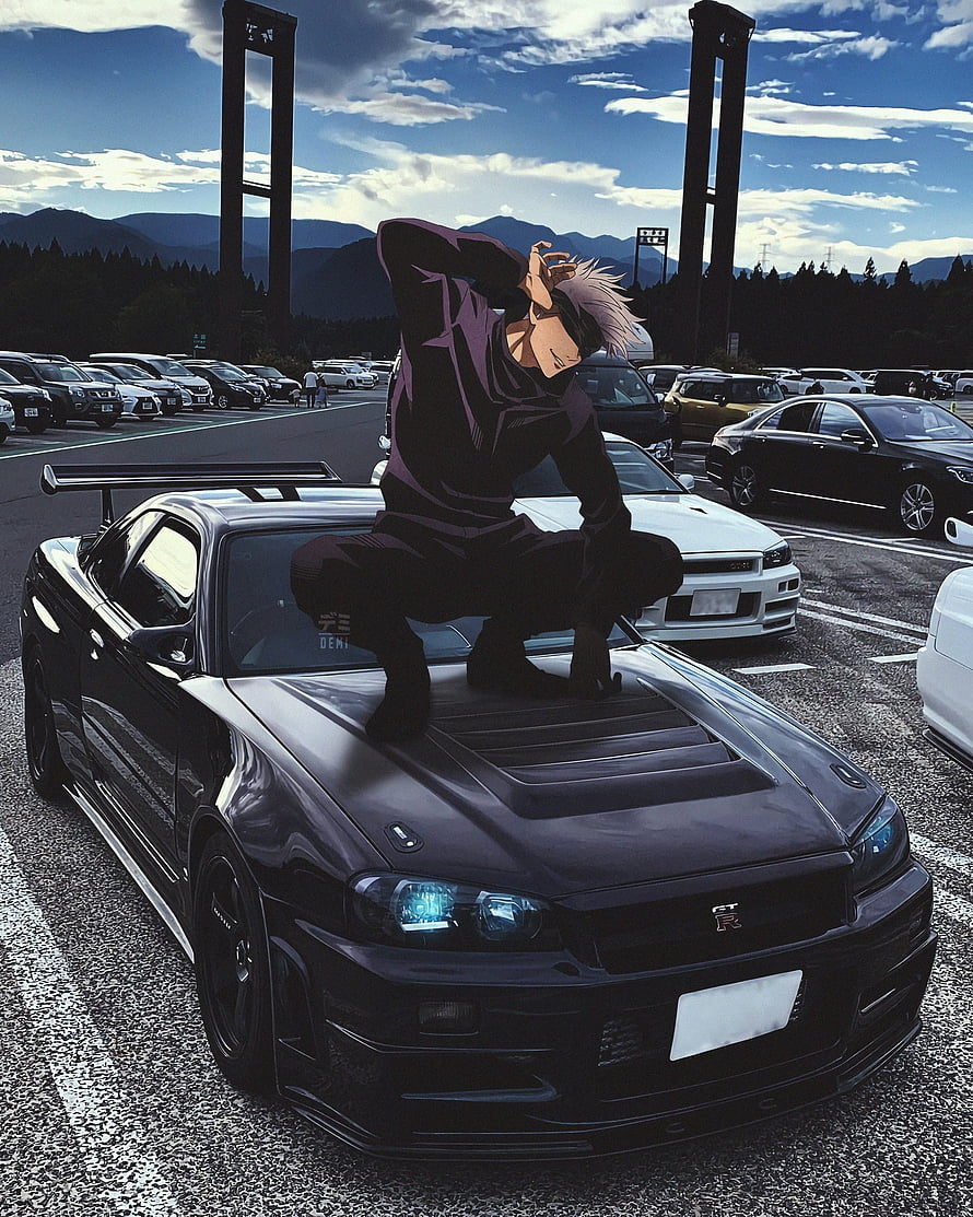 Gojo Satoru from Jujutsu Kaisen Sitting on a Black Nissan Skyline R34 in a Parking Lot HD phone wallpaper