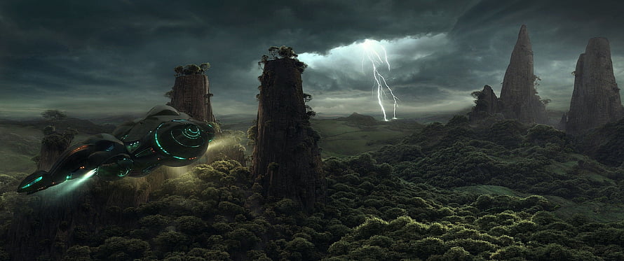 Warcraft Fantasy Landscape with Flying Ship and Stormy Sky HD wallpaper