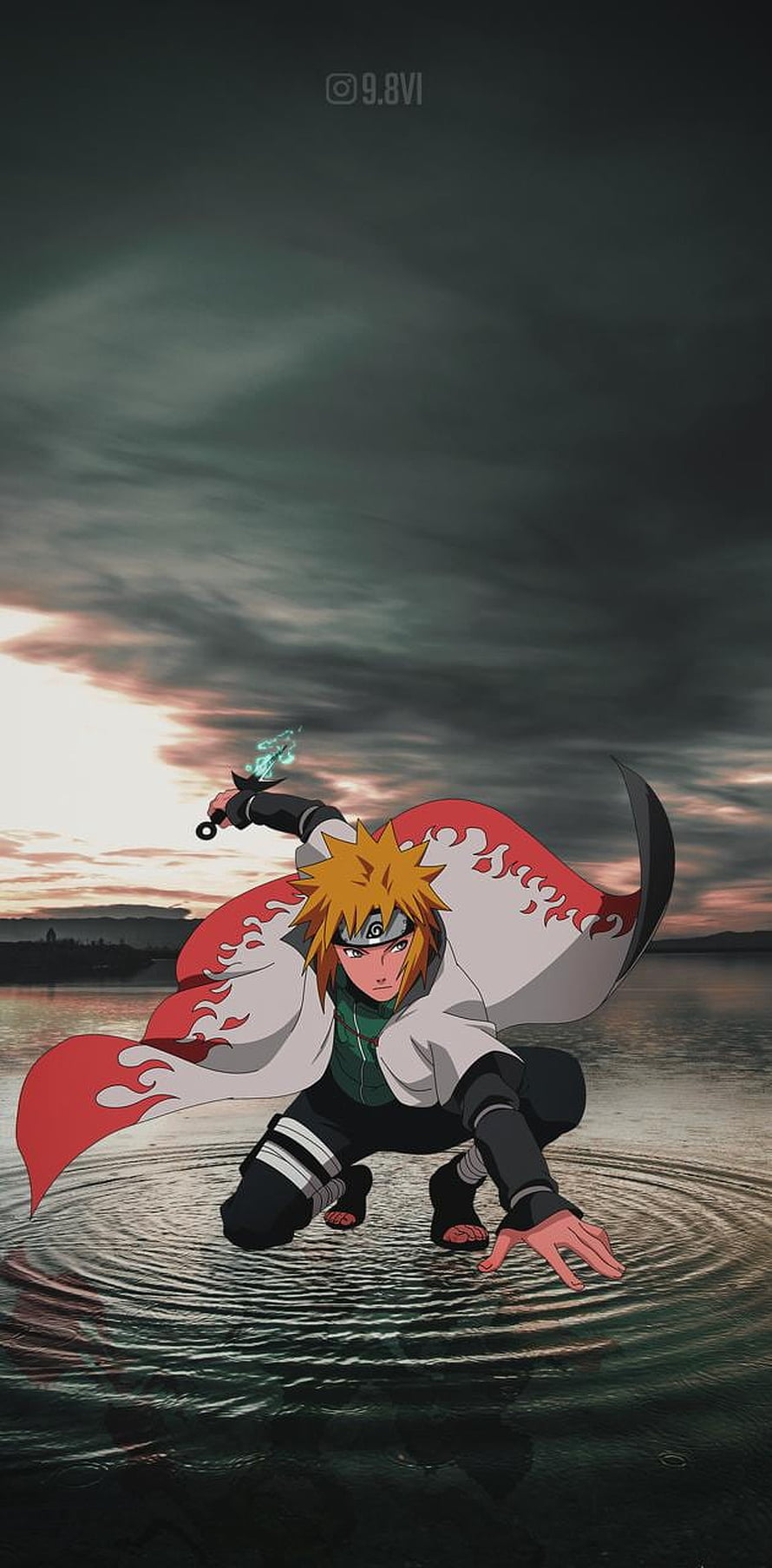 Minato Namikaze in Sage Mode Crouching on Water Surface with Chakra Blade HD phone wallpaper