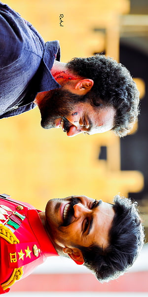 RRR Movie Still Featuring Ram Charan and Jr NTR in Intense Face-Off Scene HD phone wallpaper