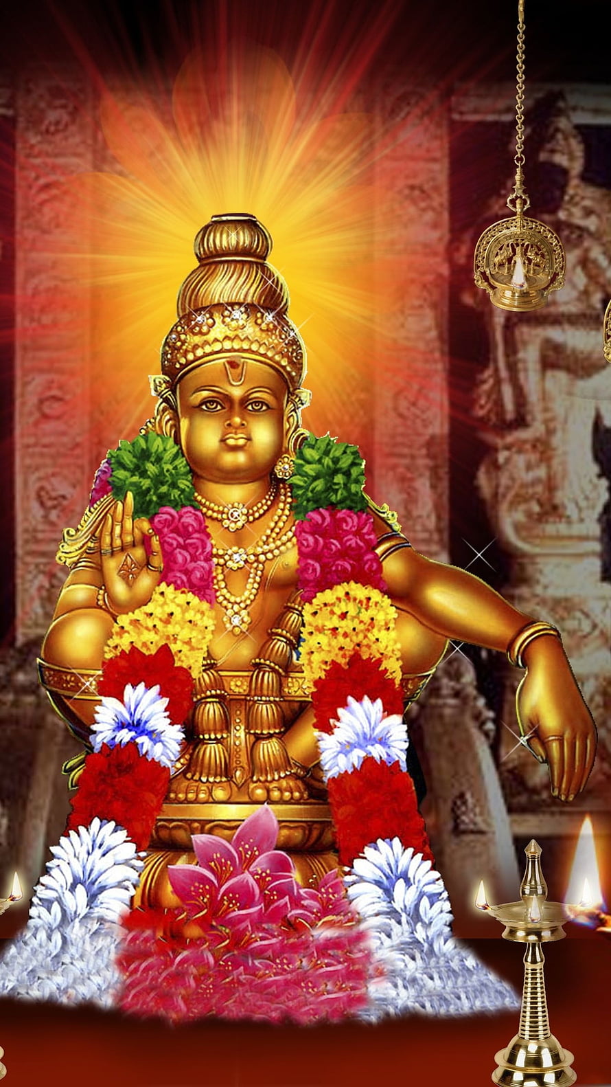 Golden Lord Ayyappa Statue with Flower Garlands and Oil Lamp HD phone wallpaper