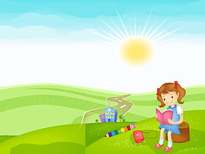 Cute Cartoon Girl Reading a Book on a Sunny Green Hill with School Building and Rainbow Pencil HD wallpaper
