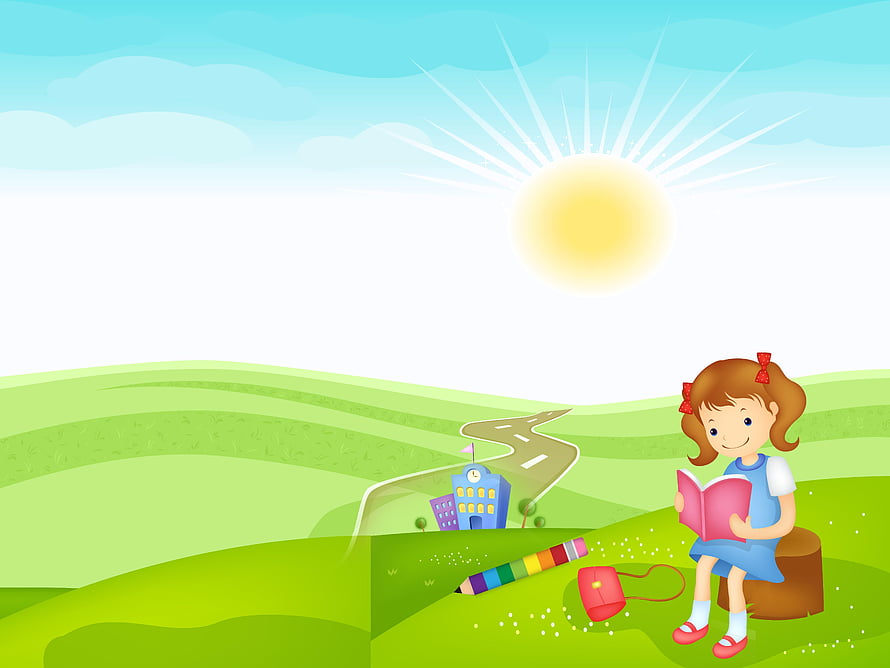 Cute Cartoon Girl Reading a Book on a Sunny Green Hill with School Building and Rainbow Pencil HD wallpaper