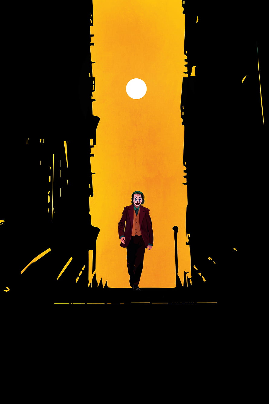 Joker Walking Through Dark Alleyway With Yellow Sky And Moon HD phone wallpaper