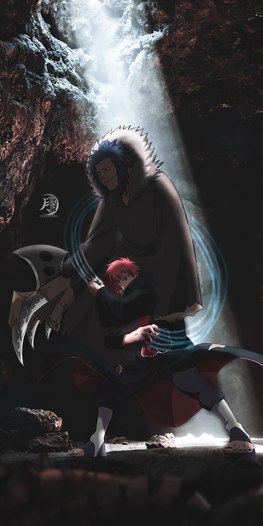 Sasori and Gaara in Akatsuki Robes Under a Waterfall in a Dark Cave HD phone wallpaper
