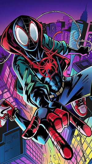 Miles Morales Spider-Man in Black and Red Suit Swinging Through Neon City Skyline, Miles Morales, Miles, Marvel, Spiderman HD phone wallpaper