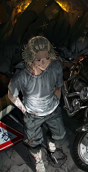 Injured Anime Character Kneeling Beside Motorcycle in Dark Urban Setting HD phone wallpaper