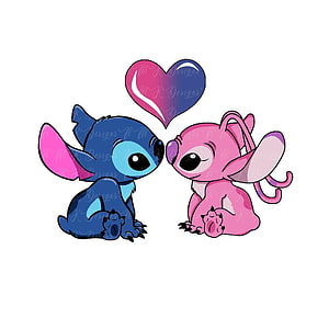 Cute Stitch and Angel Couple Kissing with Heart Illustration HD phone wallpaper