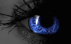 Close-up of a striking blue human eye with dramatic dark lashes and moody lighting, 3D, 2 Ultra HD wallpaper