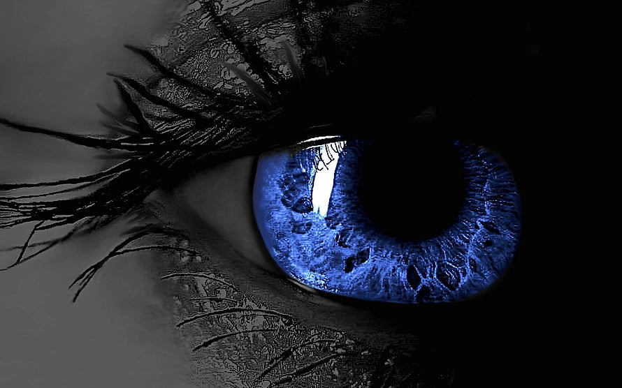 Close-up of a striking blue human eye with dramatic dark lashes and moody lighting, 3D, 2 Ultra HD wallpaper