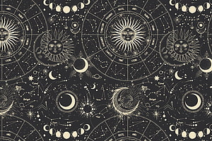 Celestial Zodiac Wheel Pattern with Sun and Moon Faces on Dark Background HD wallpaper